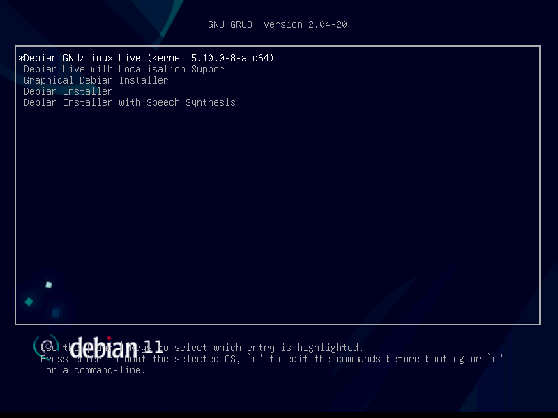 Debian Bullseye GRUB screen