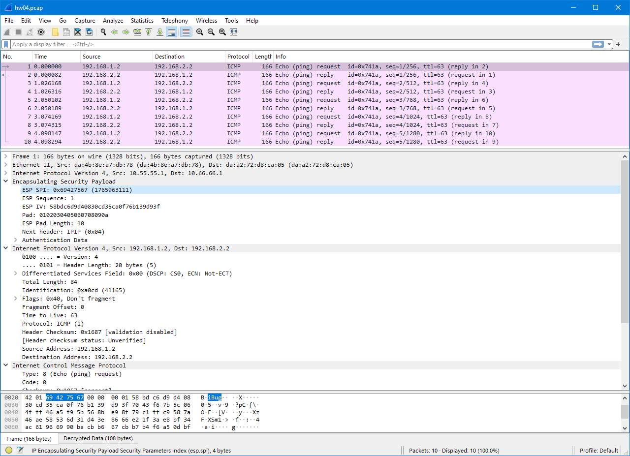 Wireshark showing decrypted ESP data