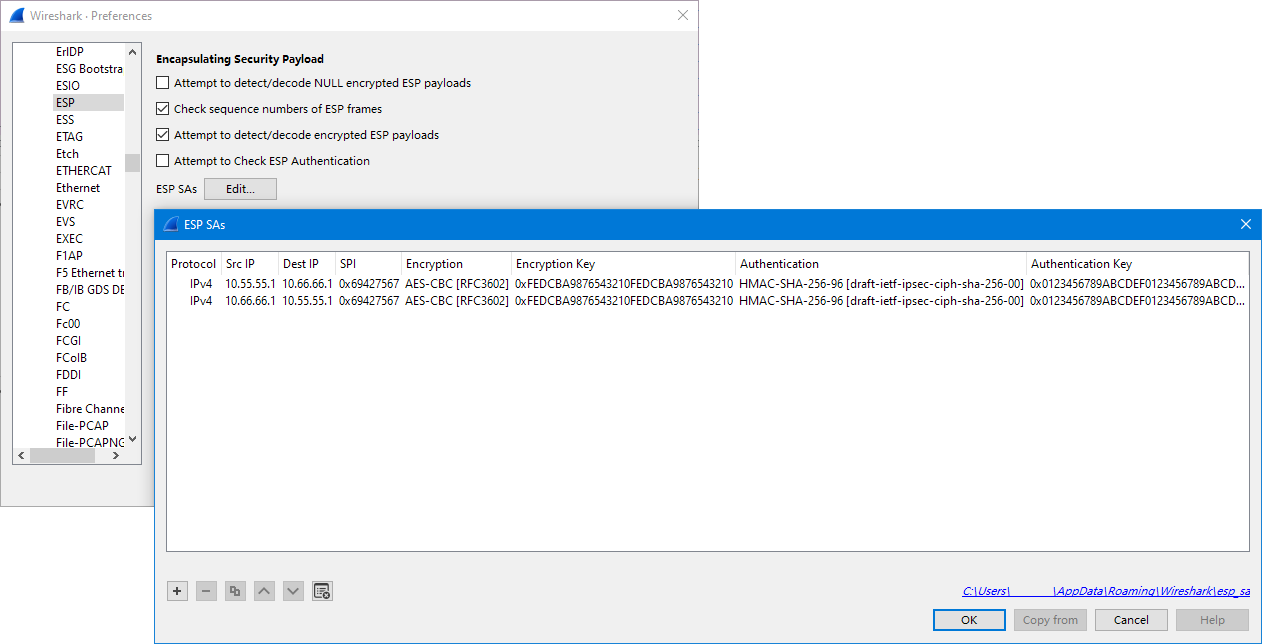 Add ESP SA in Wireshark