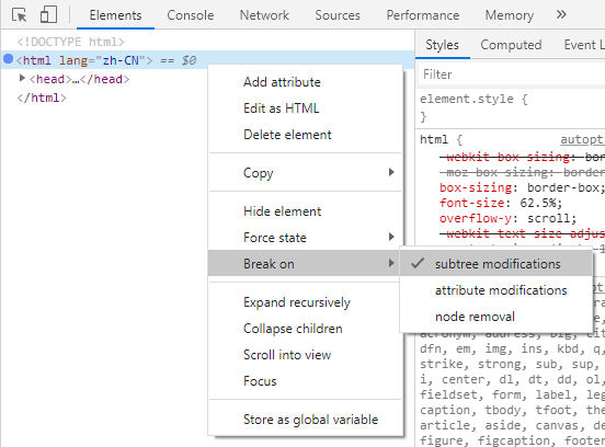 set breakpoint on html